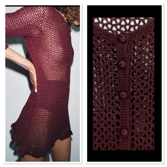 Zara Round Neck Ruffled Crochet Knit Mini Dress Sz:S Burgundy